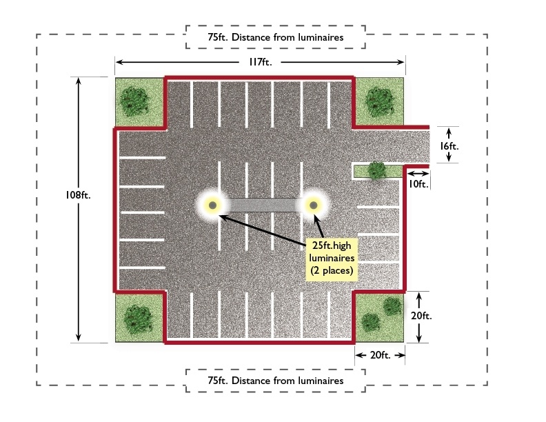 An image of a parking lot of 117 feet by 108 feet in length. Two 25-feet-high light poles are located in the lot.