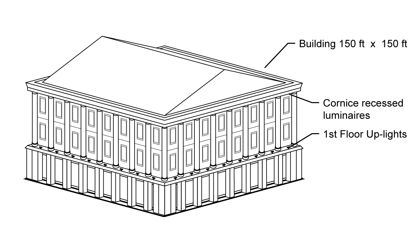 This image shows a building of 150 feet wide by 150 feet long. There are up-lights on exterior at first floor and there are also cornice recessd luminaires at the building parapet. 